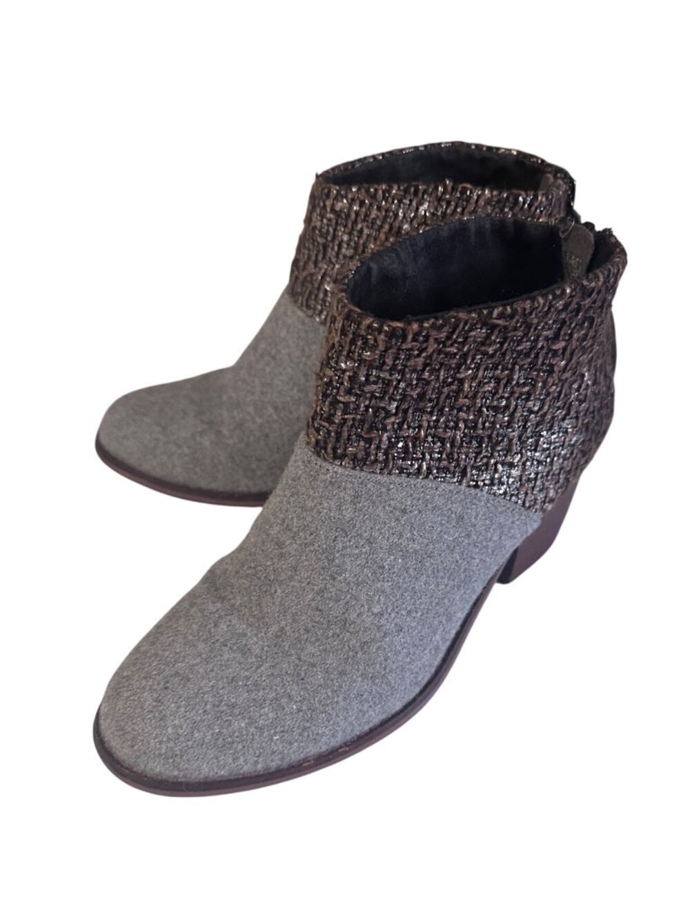 Toms Leila gray and metallic wool blend ankle boots boucle fabric size 5